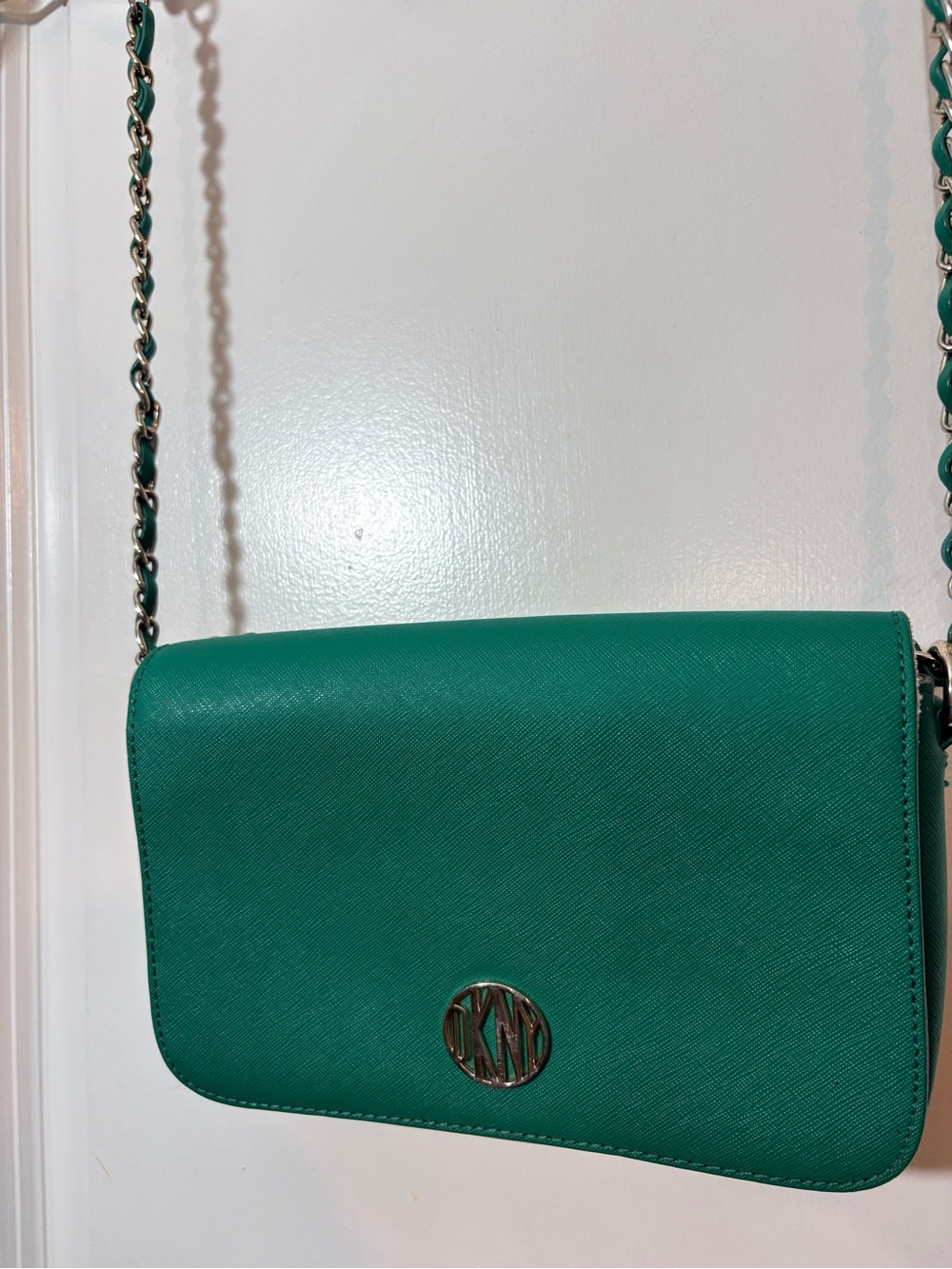 DKNY Emerald Green Saffiano Leather Chain Flap Crossbody Shoulder Bag